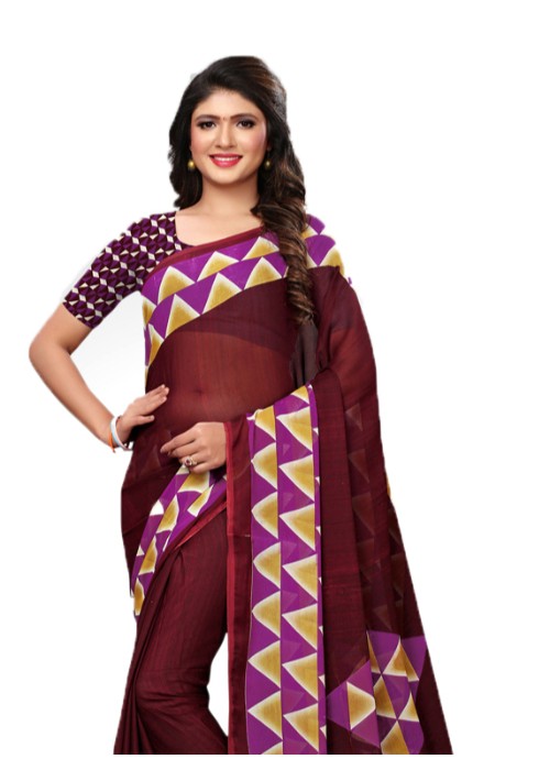 Purple, Multi Color Georgette Printed Work Saree