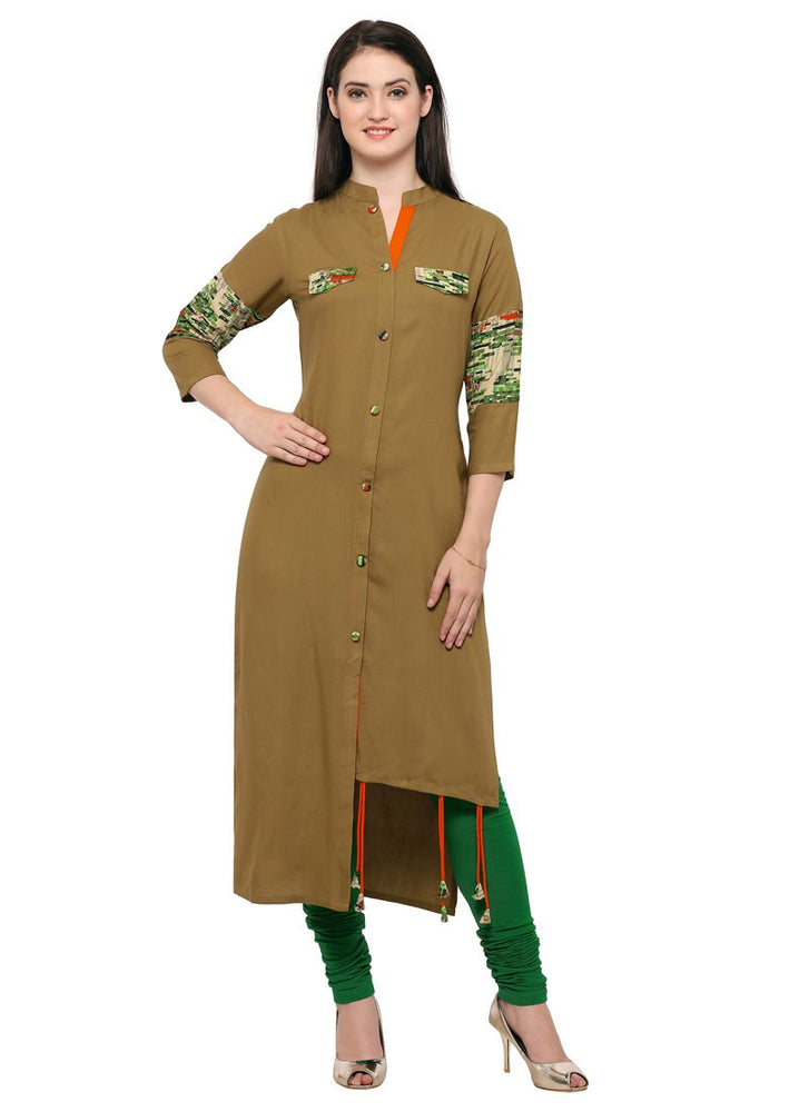 Brown Color Printed,Buttons Rayon Kurti only in Bigswipe