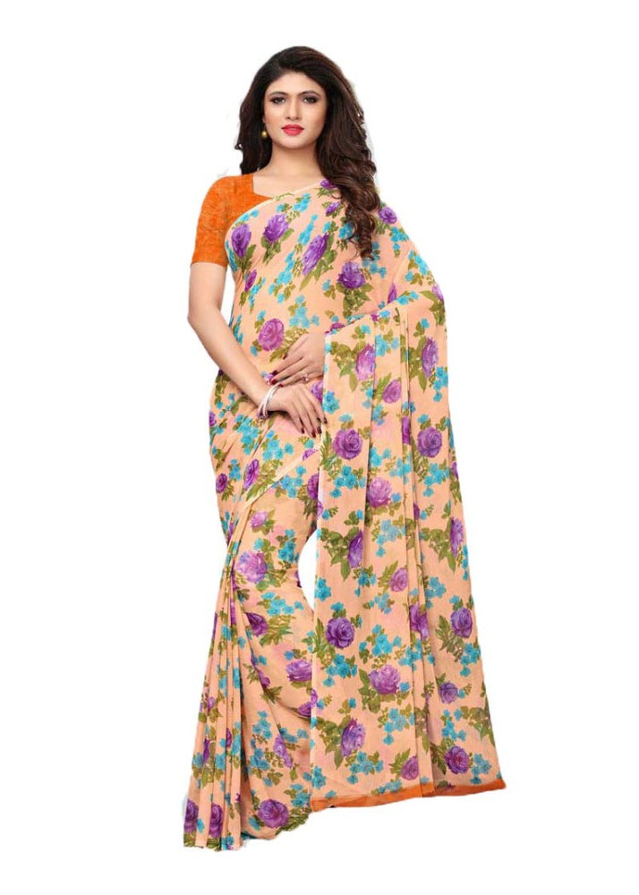 Peach, Multi Color Chiffon Printed Work Saree only in Bigswipe