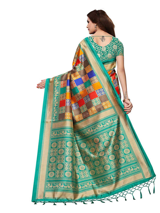 Turquoise, Multi Color Poly Silk Saree