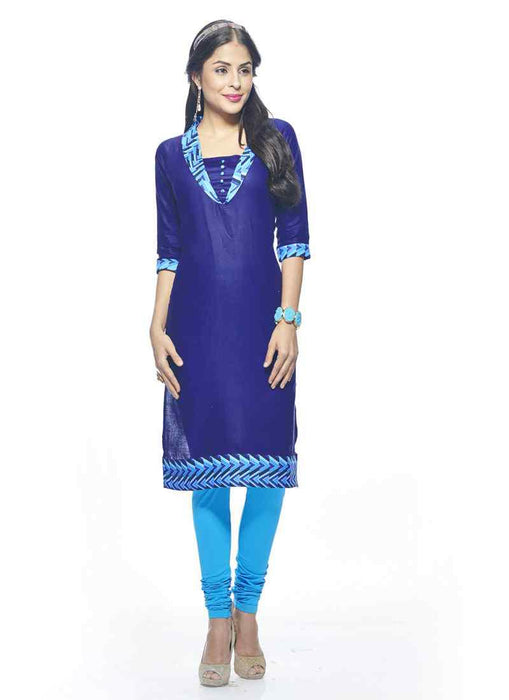 Blue Color Printed Border,Printed Shawl Collar Glace Cotton Kurti only in Bigswipe