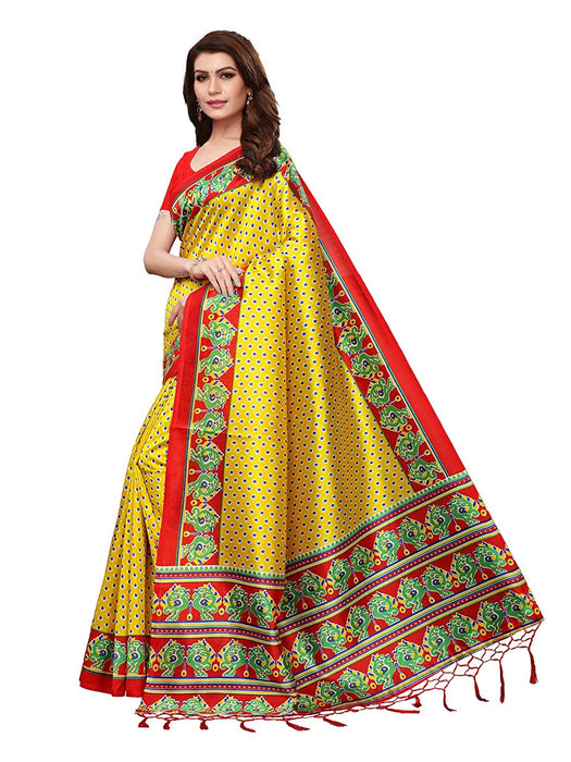 Yellow, Red, Multi Color Poly Silk Saree