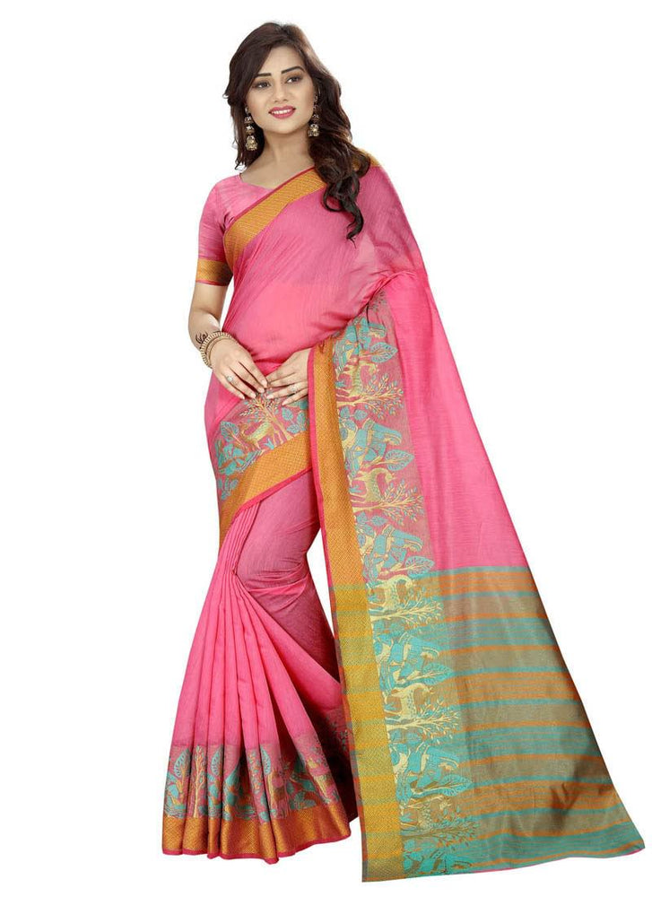 Pink, Blue Color Cotton Silk Saree only in Bigswipe