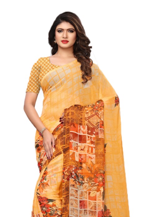 Yellow, Multi Color Chiffon Printed Work Saree