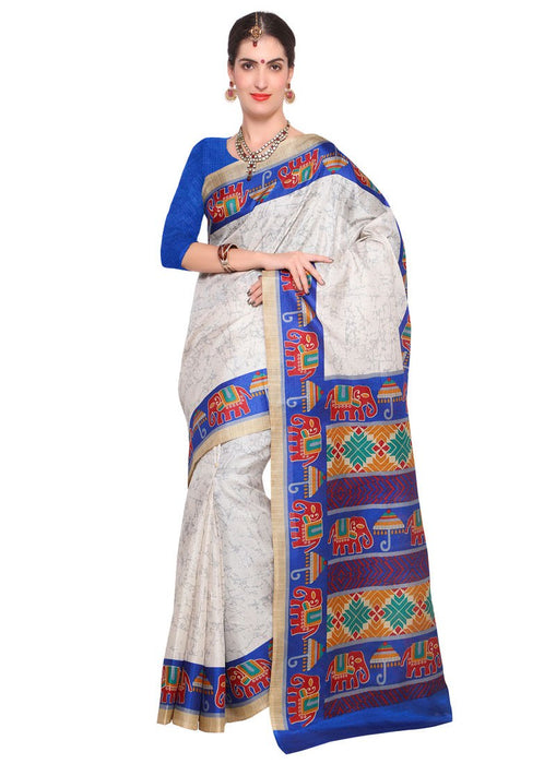 Cream, Blue, Multi Color Bhagalpuri Saree only in Bigswipe