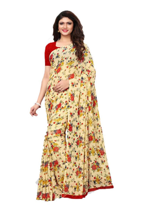 Cream, Multi Color Chiffon Printed Work Saree only in Bigswipe