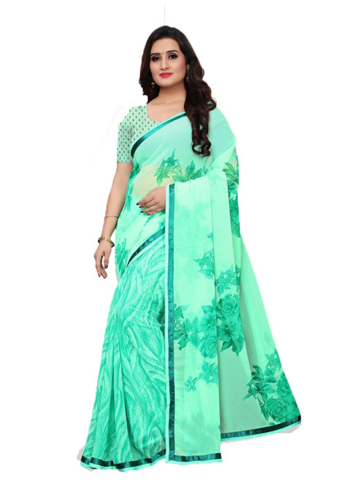 Green Color Georgette Printed Work Saree only in Bigswipe