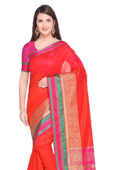 Red Color Tussar Silk (Poly Silk) Jacquard Border Work Saree