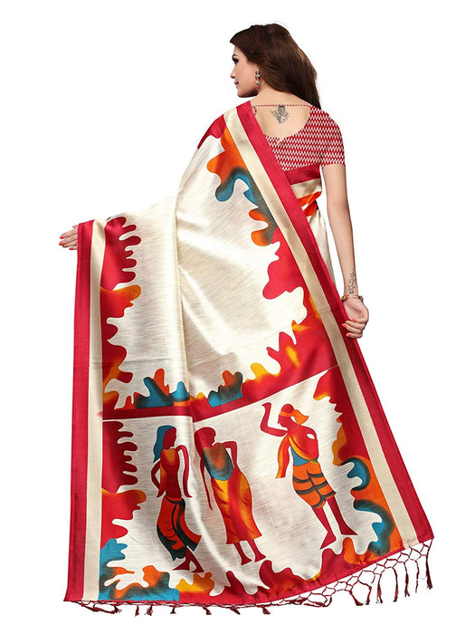 Off White, Red Color Poly Silk Saree only in Bigswipe