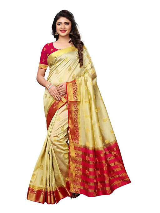 Cream, Magenta Color Poly Silk Saree only in Bigswipe