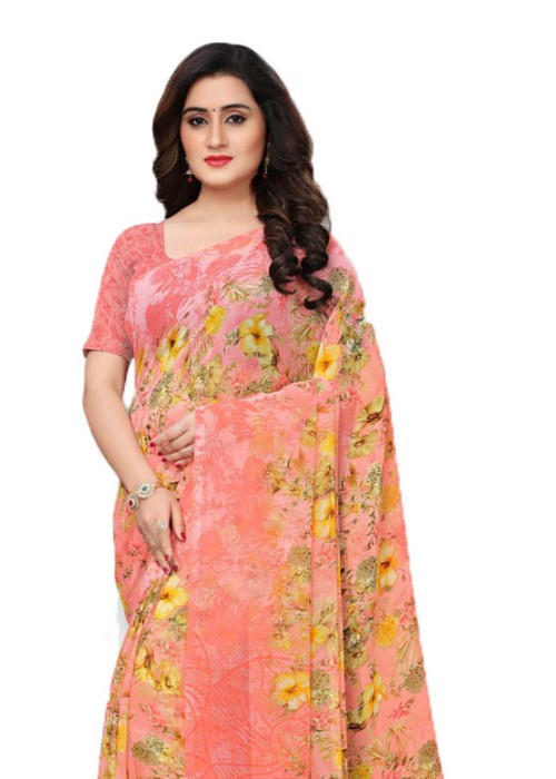 Pink, Multi Color Georgette Printed Work Saree only in Bigswipe