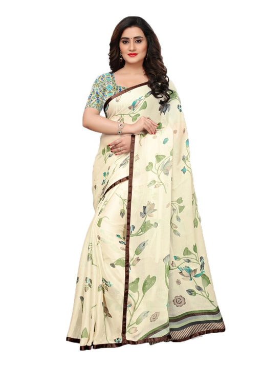 Off White, Brown Color Chiffon Printed Work Saree only in Bigswipe