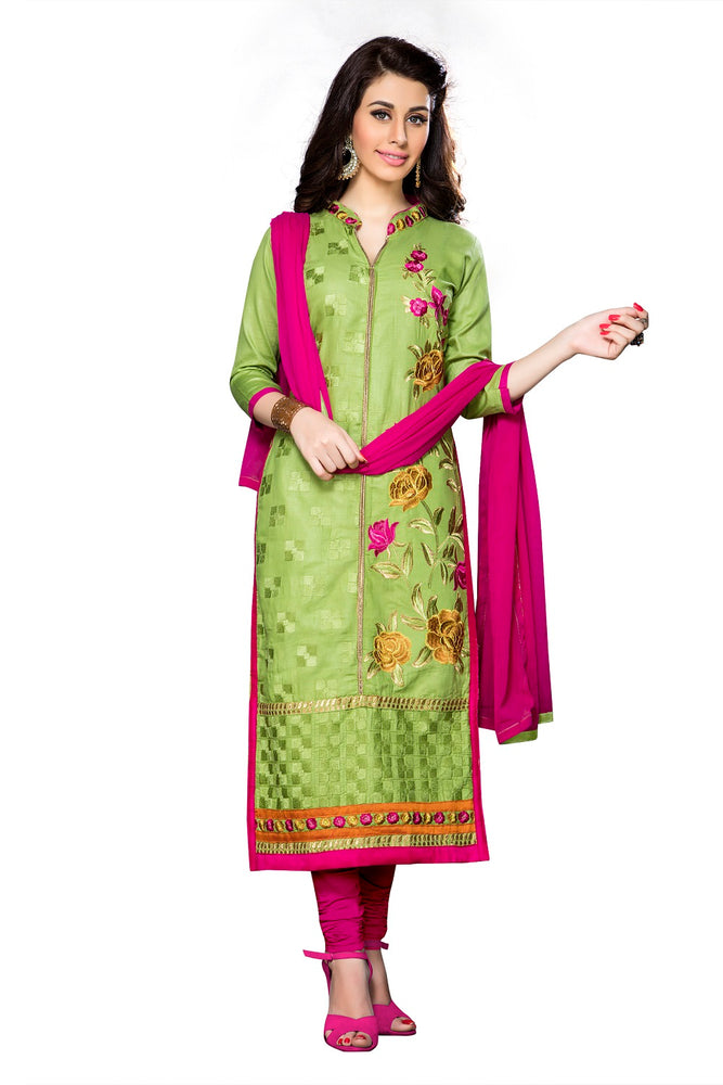 Light Green Cotton Embroidered Straight Suit Material only in Bigswipe