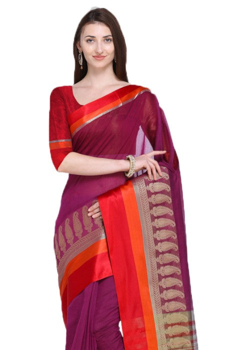 Purple Color Cotton Silk Plain Work Saree