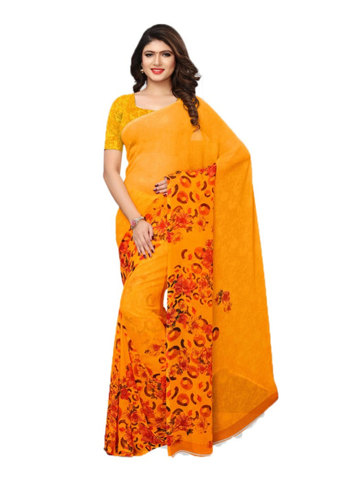 Orange (Yellowish Orange), Multi Color Chiffon Printed Work Saree only in Bigswipe