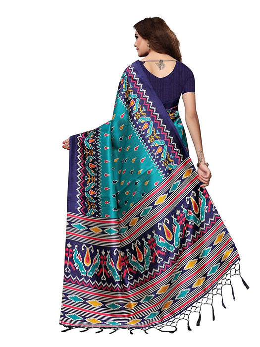 Turquoise, Navy Blue, Multi Color Poly Silk Saree