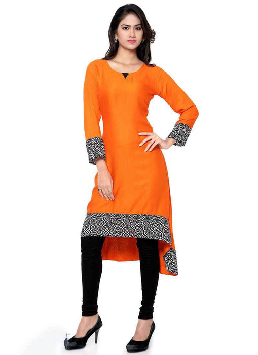 Orange Color Printed Border,Butttons Rayon Kurti only in Bigswipe