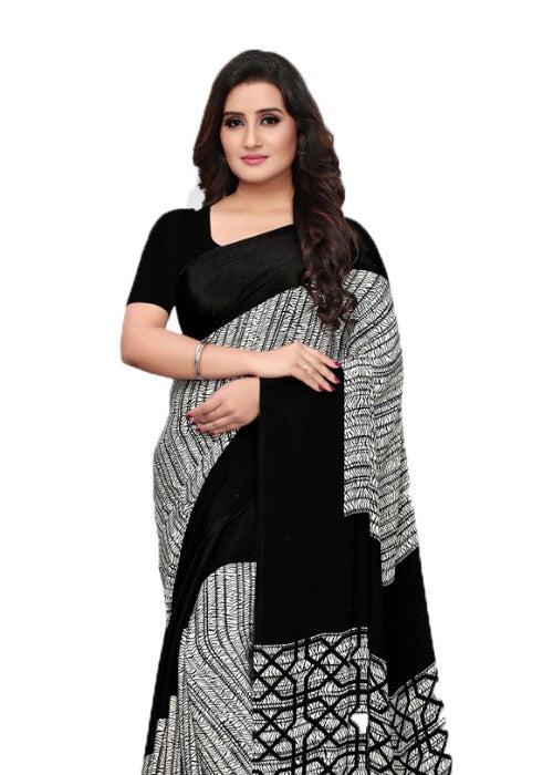 Black,White Color Crepe Printed Work Saree only in Bigswipe