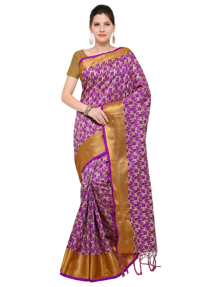 Beige,Violet Color Poly Silk Saree only in Bigswipe