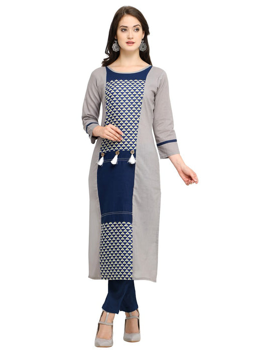 Grey, Navy Blue Color Printed Patch Cotton Kurti only in Bigswipe