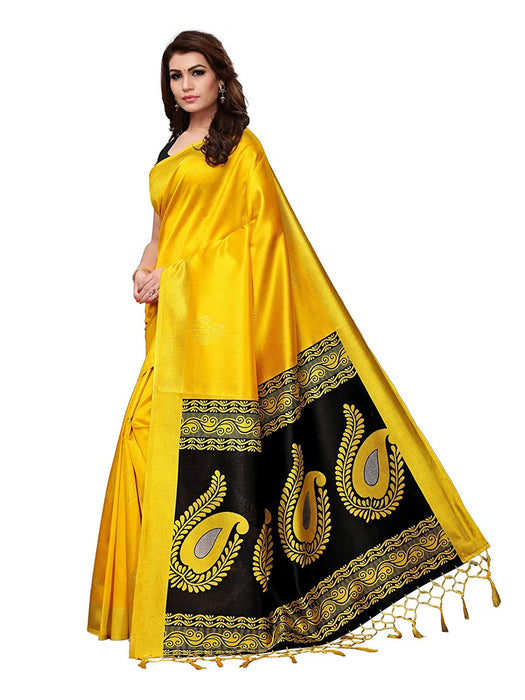 Yellow, Black Color Poly Silk Saree