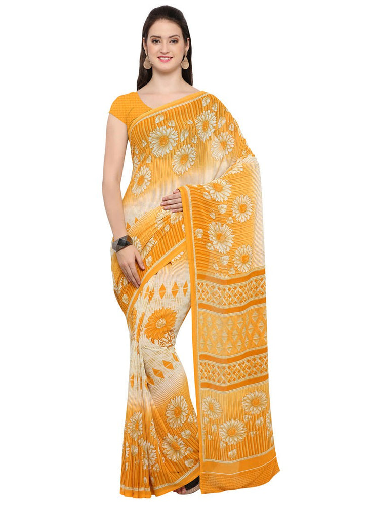 Off White,Yellow Color Georgette Saree only in Bigswipe