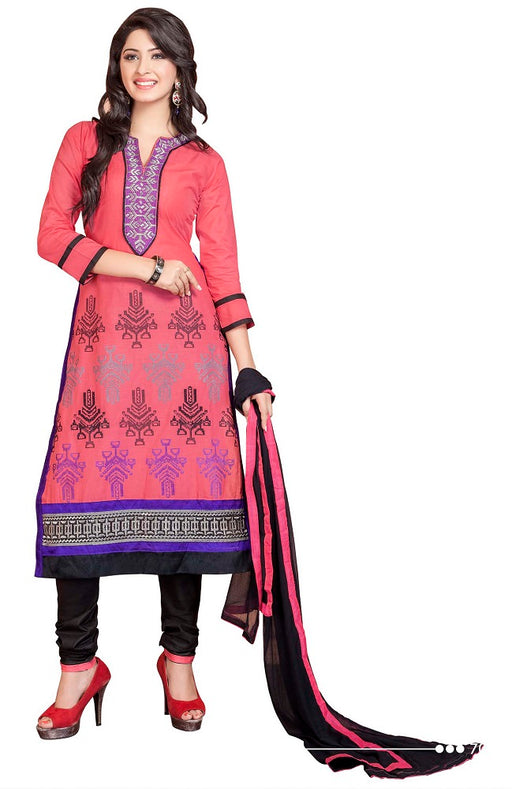 Pink &amp; Black Cotton Unstitched Embroidered Dress Material only in Bigswipe