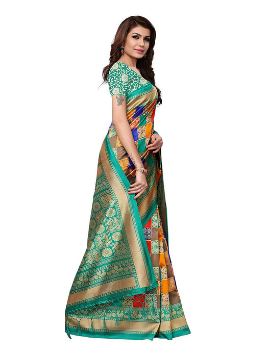 Turquoise, Multi Color Poly Silk Saree