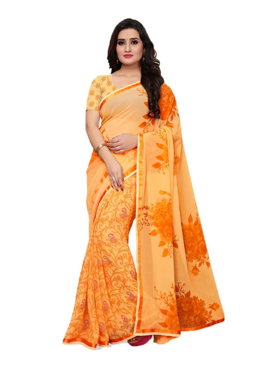 Orange Color Georgette Printed Work Saree only in Bigswipe