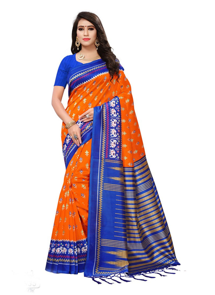 Orange, Blue Color  Poly Silk Saree only in Bigswipe