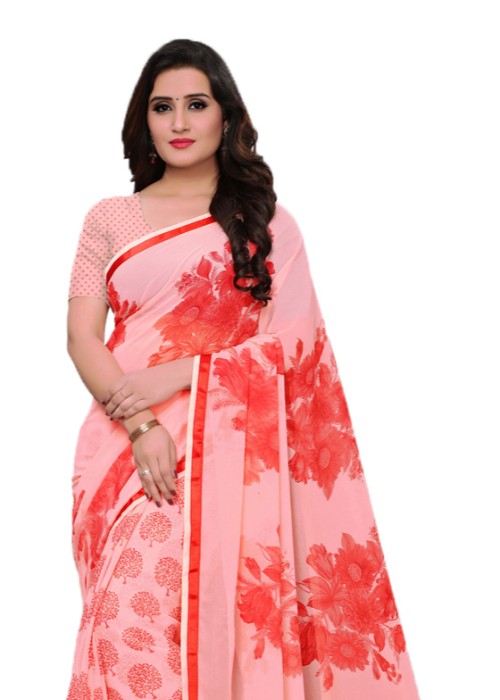 Red Color Georgette Printed Work Saree