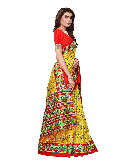 Yellow, Red, Multi Color Poly Silk Saree