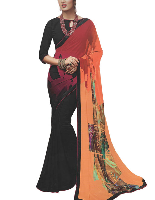 Georgette Digital Saree With Blouse-Black with Multi Color Saree only in Bigswipe