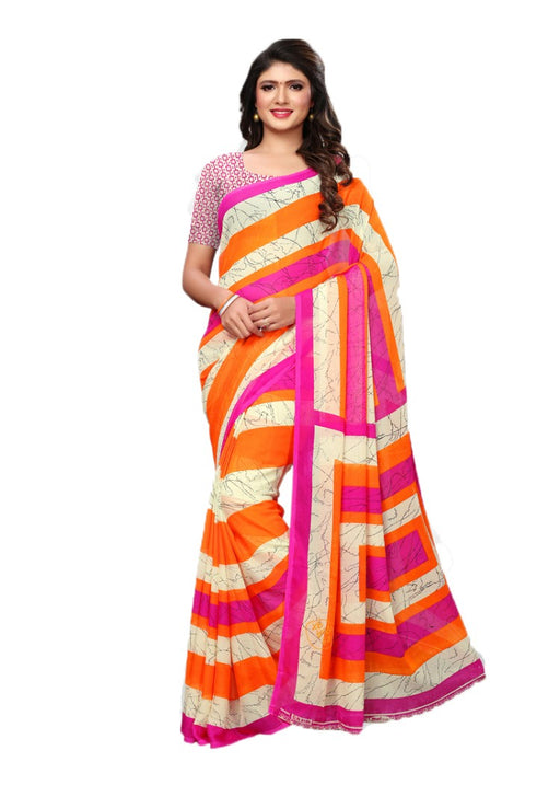 Orange, Pink, Off White Color Georgette Printed Work Saree only in Bigswipe