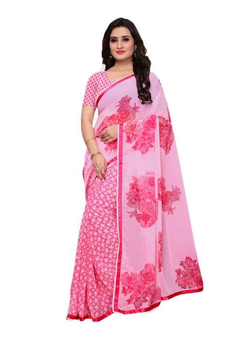 Pink Color Georgette Printed Work Saree only in Bigswipe