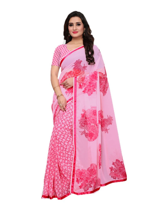 Pink Color Georgette Printed Work Saree only in Bigswipe