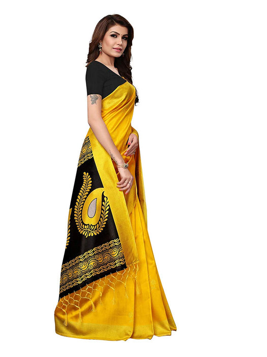 Yellow, Black Color Poly Silk Saree