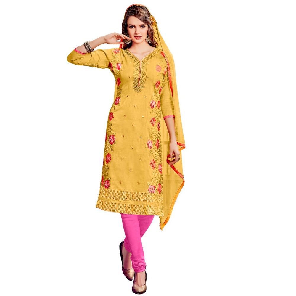 Cotton Fabric Yellow Color Dress Material only in Bigswipe