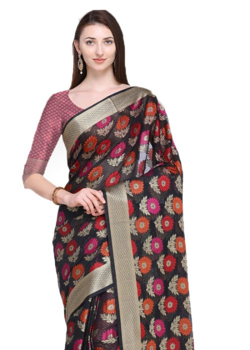 Black, Multi Color Cotton Silk Jacquard Work Saree only in Bigswipe