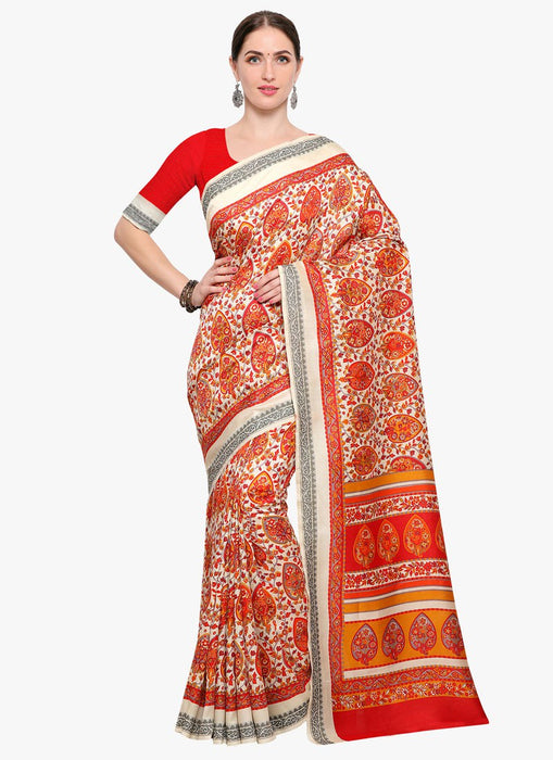 Off White, Red, Yellow Color Terylene Saree only in Bigswipe