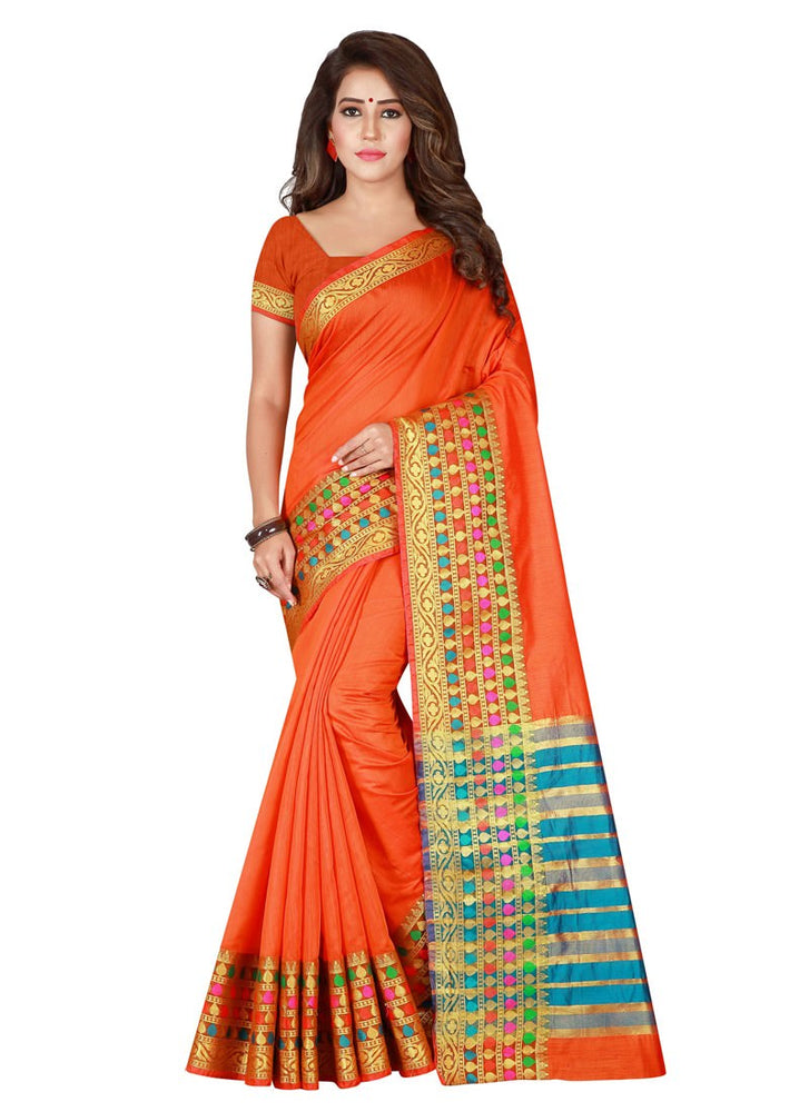 Orange Color  Cotton Silk (Poly Silk/Art Silk) Saree only in Bigswipe