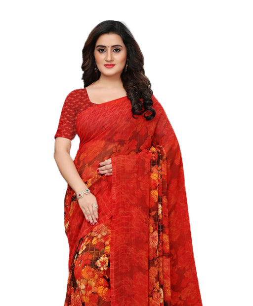 Red, Multi Color Georgette Printed Work Saree