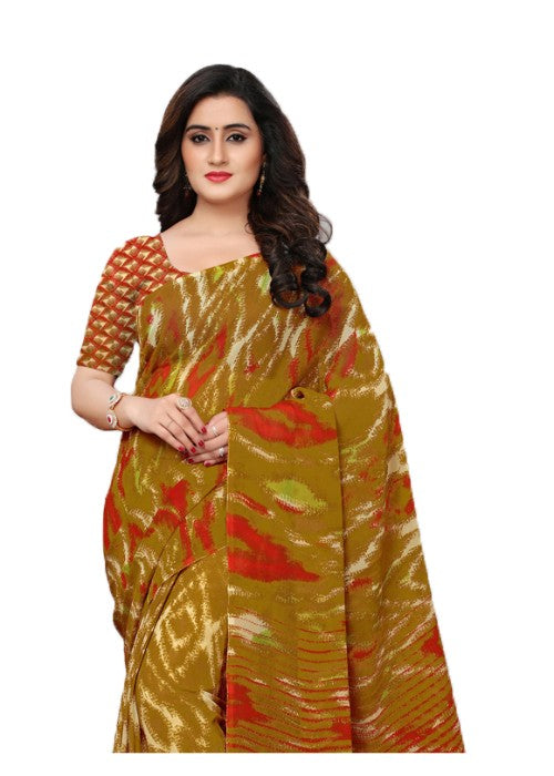 Yellow (Ocher), Red, Multi Color Georgette Printed Work Saree