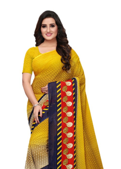 Yellow, Multi Color Georgette Printed Work Saree