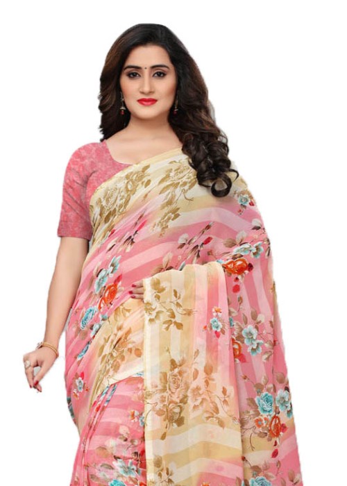 Pink, Beige, Multi Color Georgette Printed Work Saree only in Bigswipe