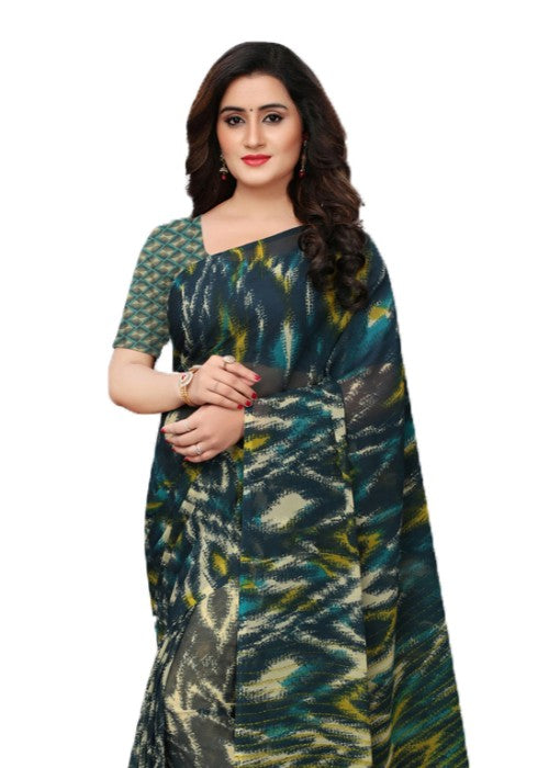 Green (Peacock Green), Green, Multi Color Georgette Printed Work Saree only in Bigswipe