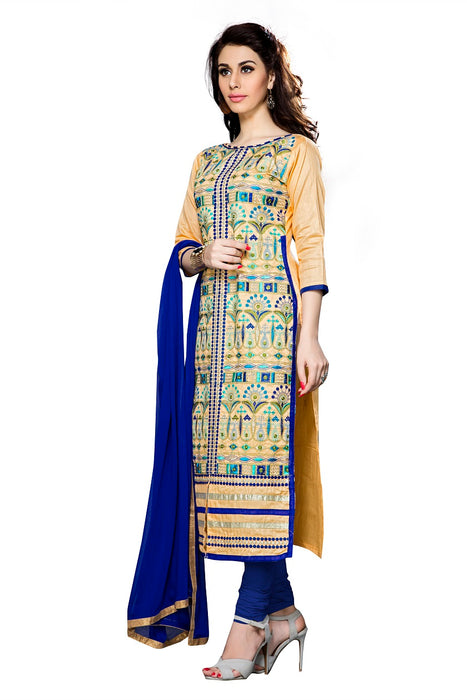 Women's Beige Cotton Unstitched Embroidered Dress material